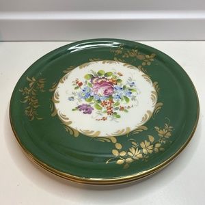 Two Vintage France Plates Hand Painted Floral Green & Gold Accents About 8” Wide